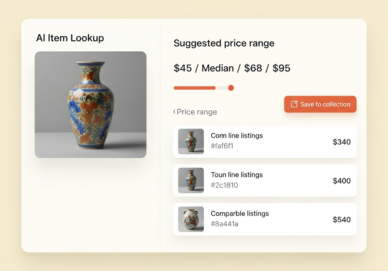 Vintique Item lookup — a photo of a vintage vase next to a suggested price range card showing low, median, and high prices and a list of comparable listings.