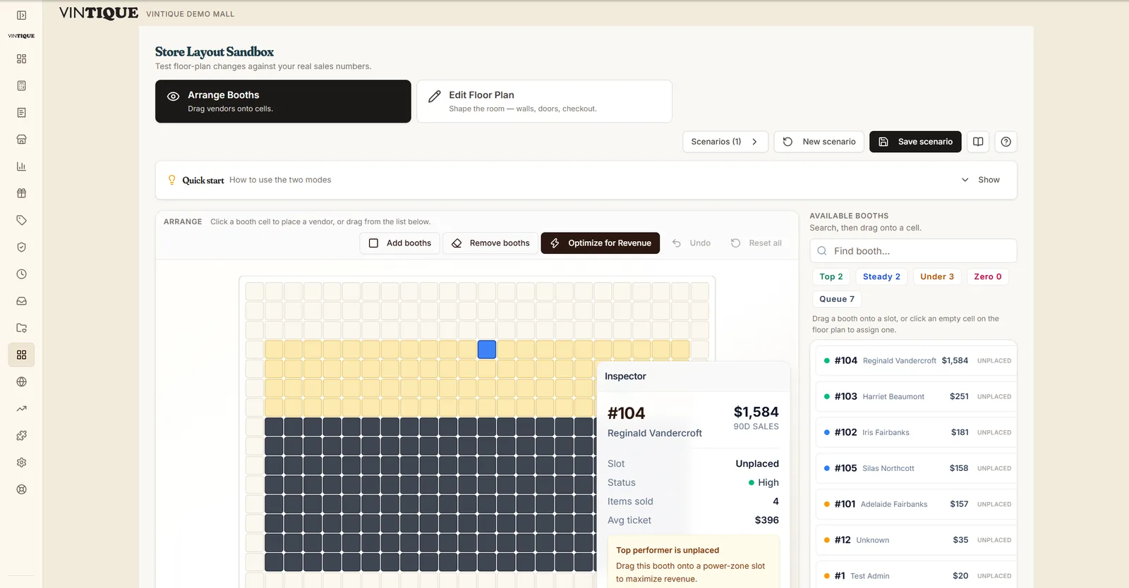 The floor-plan sandbox: a booth grid with an inspector showing a booth's 90-day sales, status, and average ticket, plus the ranked booth list.