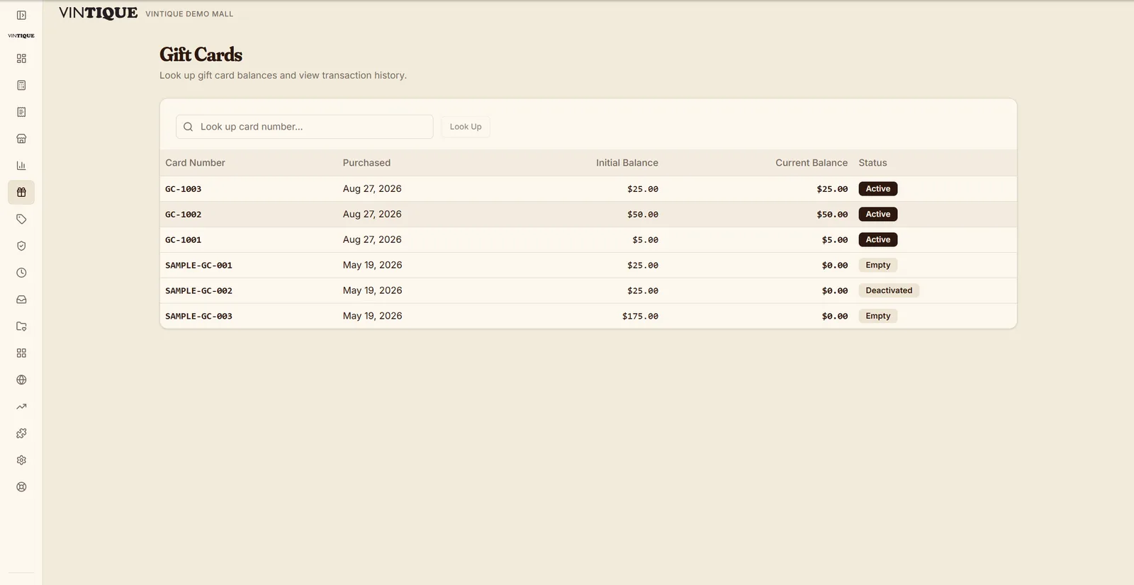The gift-card ledger: cards with purchase date, initial and current balance, and active, empty, or deactivated status.