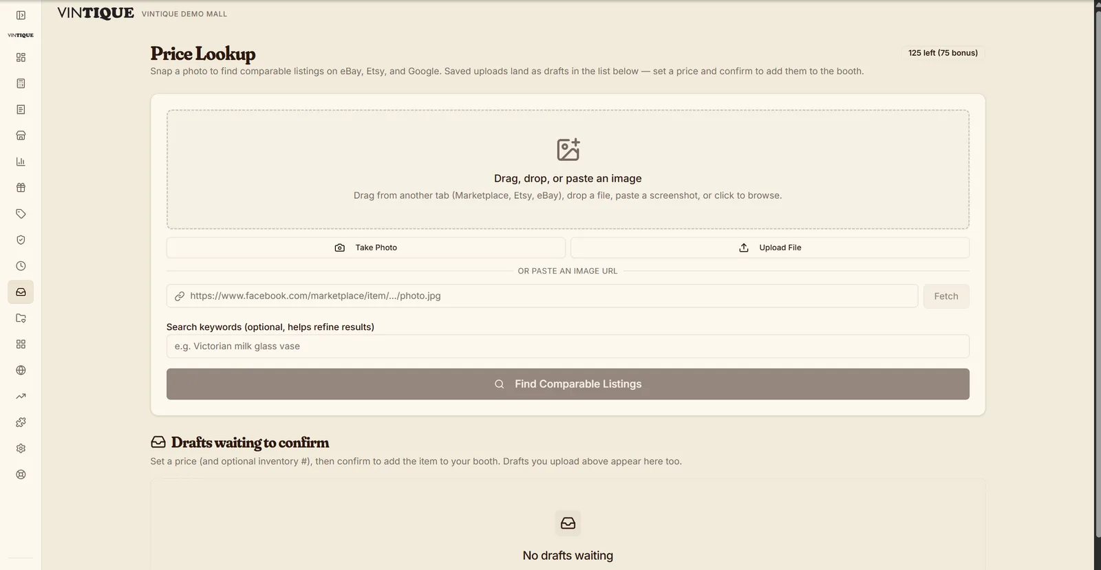 Price Lookup: drag, drop, or paste an item photo to find comparable listings on eBay, Etsy, and Google.