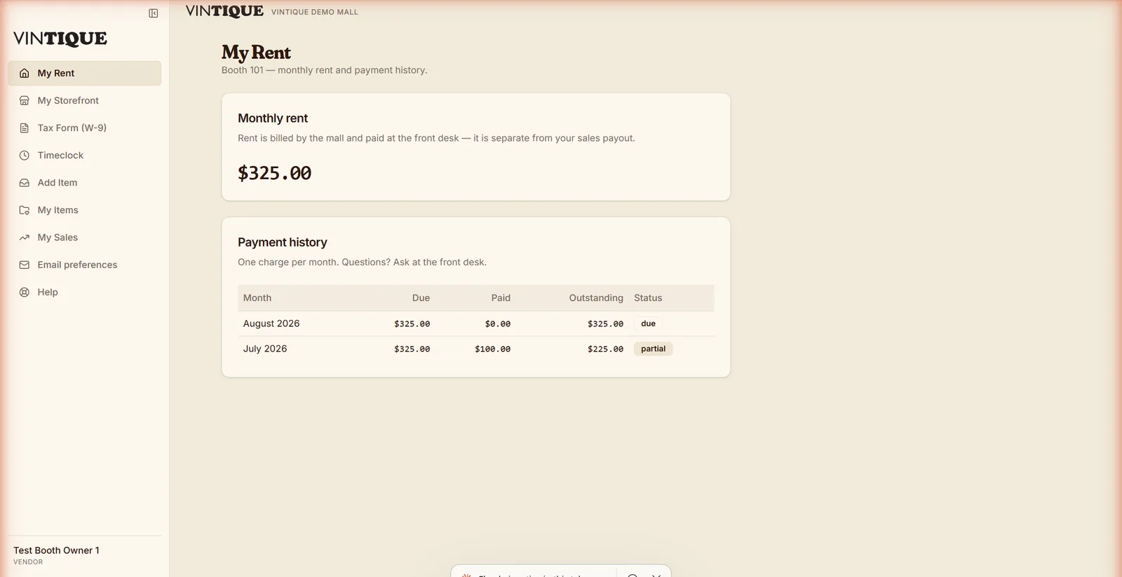 The booth-owner's My Rent page: monthly rent amount and a payment history with due, paid, and outstanding per month.