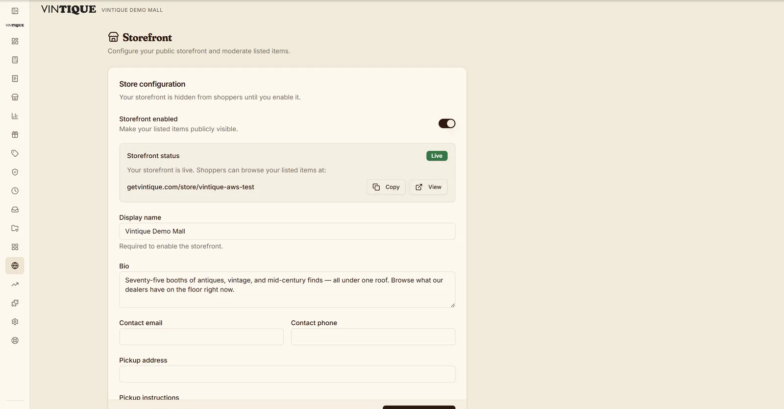 Storefront settings: the enable toggle, live status with the store's public URL, and the mall's display name and bio.